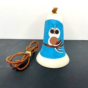VTG Tesa Pottery Bell Windchime Handpainted Owl USA Boho Leather Strap Signed